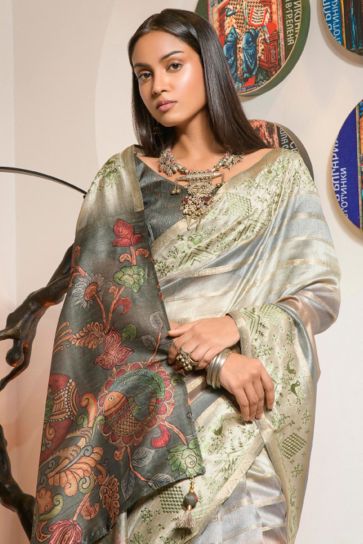 Blazing Multi Color Organza Fabric Printed Festival Wear Saree