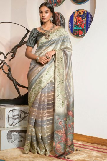 Blazing Multi Color Organza Fabric Printed Festival Wear Saree