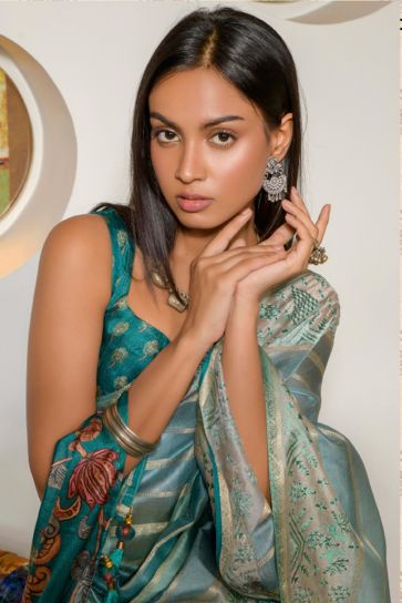 Alluring Multi Color Organza Fabric Printed Festival Wear Saree