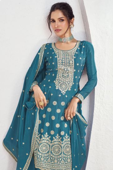 Vartika Singh Attractive Art Silk Fabric Cyan Color Readymade Palazzo Suit