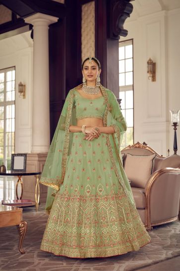 Organza Fabric Sangeet Wear Sea Green Color Lehenga With Embroidered Work