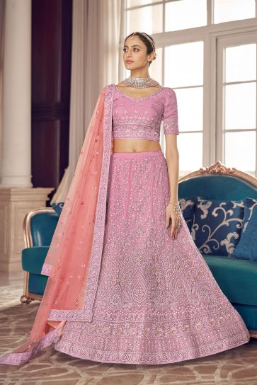Pink Color Sangeet Wear Brilliant Lehenga With Embroidered Work