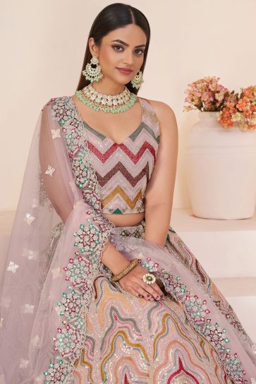 Peach Color Net Fabric Heavy Embroidered Wedding Wear Designer Lehenga Choli