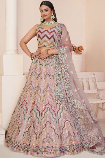 Peach Color Net Fabric Heavy Embroidered Wedding Wear Designer Lehenga Choli