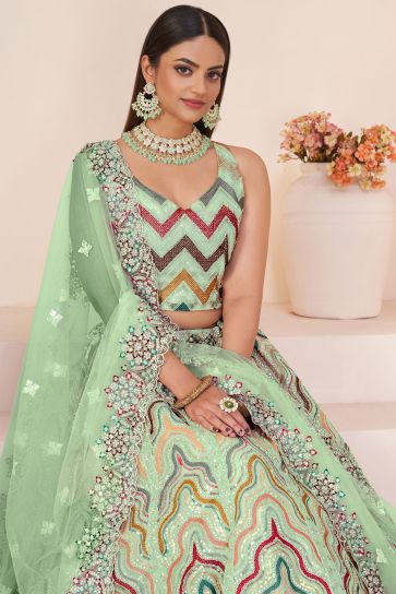 Net Fabric Sea Green Color Bridal Lehenga Choli With Embroidery Work