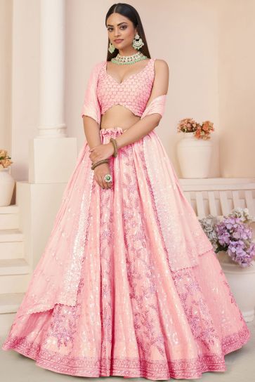 Embroidered Pink Designer 3 Piece Lehenga Choli In Georgette Fabric