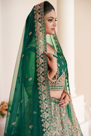 Wedding Wear Green Net Fabric Lehenga Choli With Embroidery Work