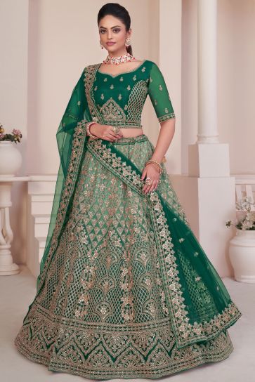Wedding Wear Green Net Fabric Lehenga Choli With Embroidery Work