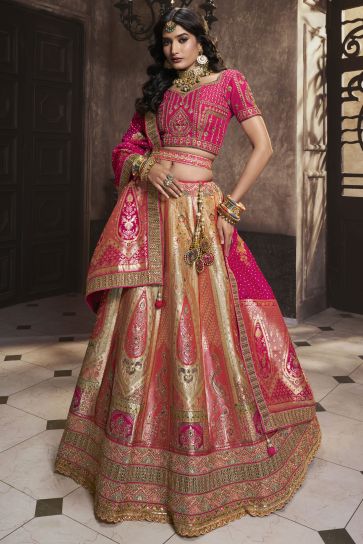 Awesome Sequins Work On Silk Fabric Beige Color Bridal Lehenga