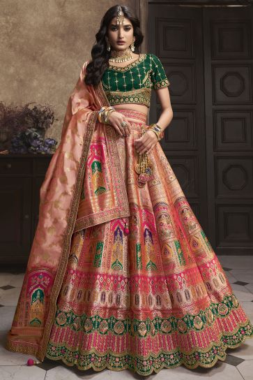 Engaging Peach Color Silk Fabric Bridal Lehenga With Sequins Work