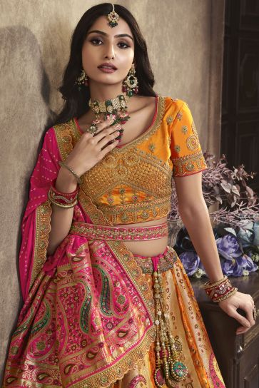 Sequins Work On Mustard Color Gorgeous Bridal Lehenga In Silk Fabric