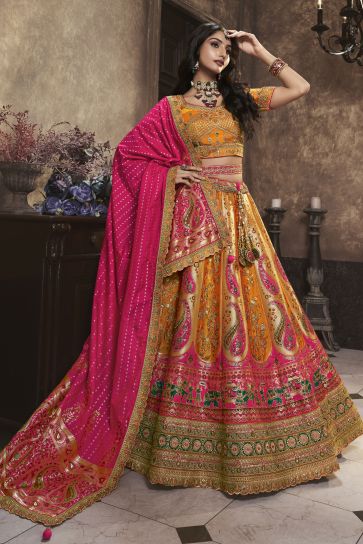 Sequins Work On Mustard Color Gorgeous Bridal Lehenga In Silk Fabric