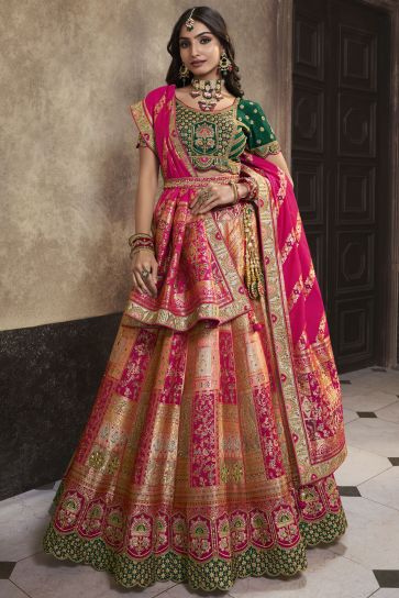 Sequins Work On Glamorous Bridal Lehenga In Peach Color Silk Fabric