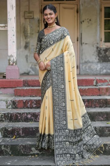 Attractive Beige Woven Border Handloom Raw Silk Simple Saree