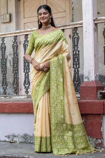 Adorable Beige Color Casual Handloom Raw Silk Woven Border Design Saree