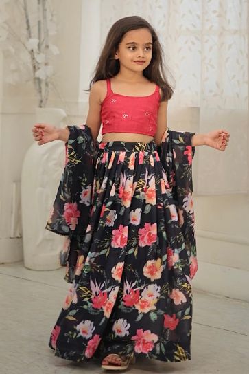 Black Color Faux Gorgette Fabric Festive Wear Printed Kids Lehenga Choli