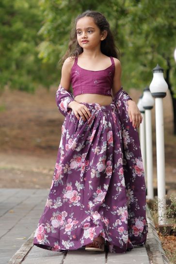 Faux Gorgette Engaging Purple Color Festive Wear Printed Kids Lehenga Choli