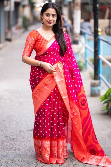 Blazing Rani Color Bandhani Style Printed Art Silk Saree