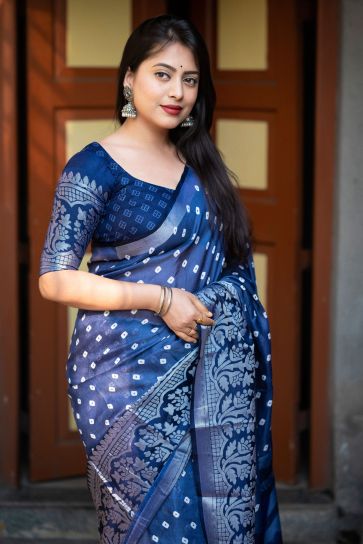 Navy Blue Color Glamorous Bandhani Style Printed Art Silk Saree