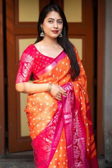 Attractive Bandhani Style Printed Art Silk Saree In Orange Color