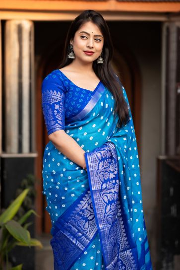 Blue Color Graceful Bandhani Style Printed Art Silk Saree
