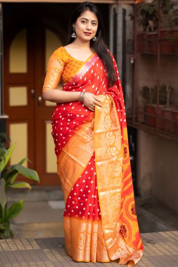 Red Color Glorious Bandhani Style Printed Art Silk Saree