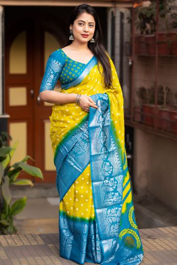 Delicate Yellow Color Bandhani Style Printed Art Silk Saree