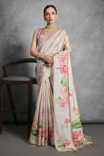 Cream Color Soft Tussar Silk Printed Saree