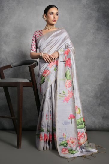 Soft Tussar Silk Printed Saree In Grey Color