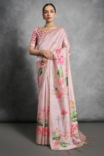 Soft Tussar Silk Pink Color Printed Saree