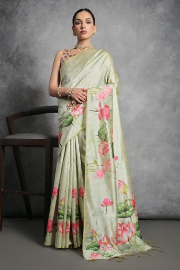 Sea Green Color Soft Tussar Silk Fancy Printed Saree