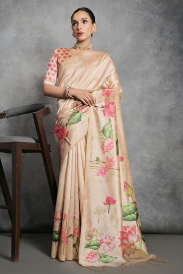 Yellow Color Exclusive Printed Soft Tussar Silk Sarees