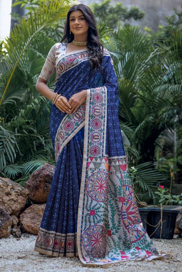 Soft Tussar Silk Blue Color Printed Saree
