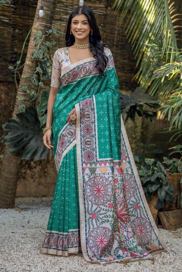 Green Color Printed Daily Wear Soft Tussar Silk Saree