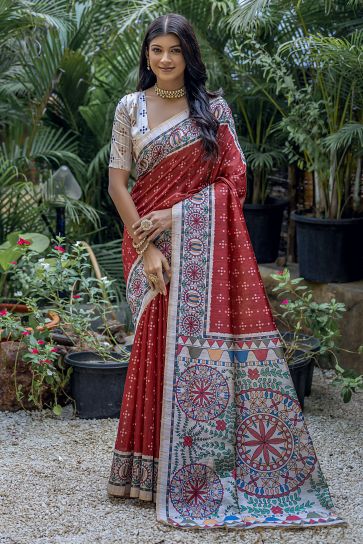 Attractive Maroon Color Printed Soft Tussar Silk Simple Saree