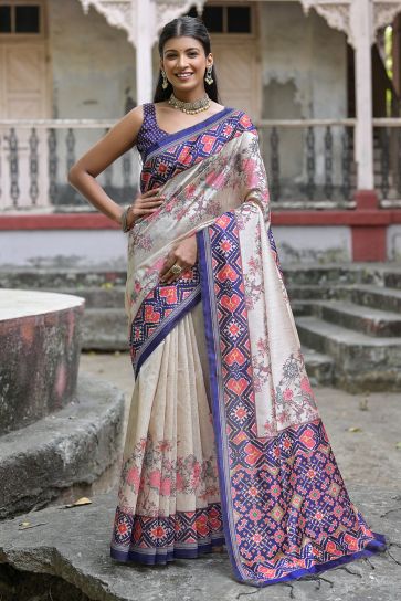 Blue Color Soft Tussar Silk Fabric Fancy Floral Printed Saree