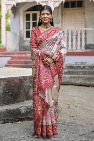 Maroon Color Exclusive Floral Printed Soft Tussar Silk Fabric Sarees