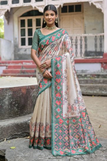Green Color Floral Printed Daily Wear Soft Tussar Silk Fabric Saree