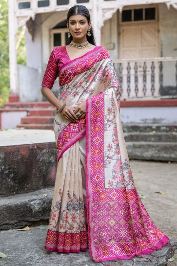 Attractive Rani Color Floral Printed Soft Tussar Silk Fabric Simple Saree