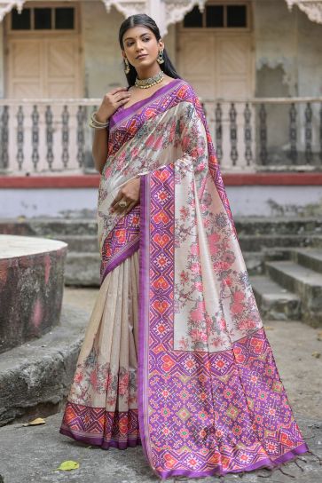 Delightful Purple Color Floral Printed Soft Tussar Silk Fabric Casual Saree