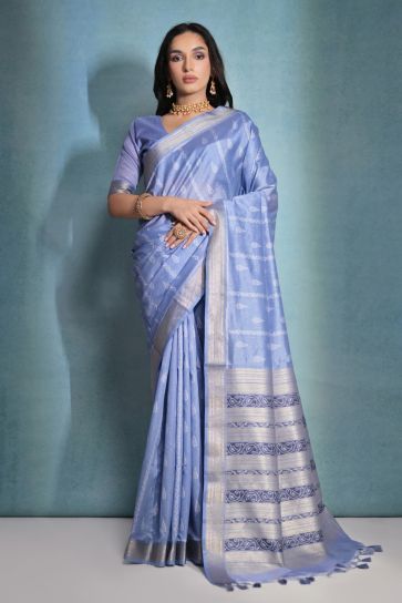 Traditional Raw Silk Zari Weaving Border Work Blue Saree