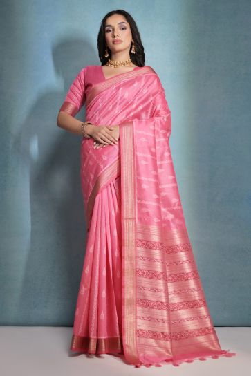 Festive Wear Raw Silk Pink Zari Weaving Border Work Saree