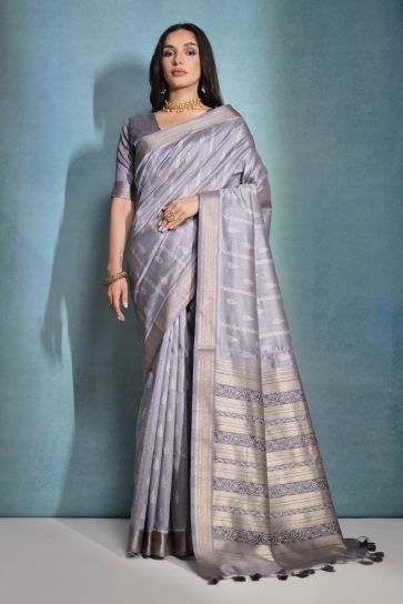 Adorable Grey Color Function Wear Raw Silk Zari Weaving Border Work Design Saree