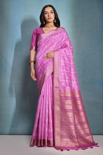 Pink Raw Silk Festive Wear Zari Weaving Border Work Saree