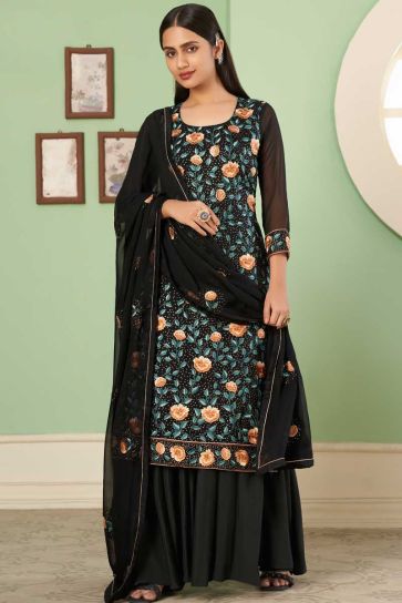 Georgette Fabric Black Color Embroidered Work Soothing Palazzo Suit