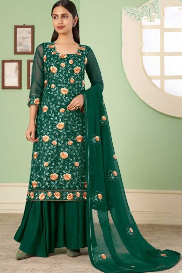 Green Color Georgette Fabric Embroidered Work Appealing Palazzo Suit