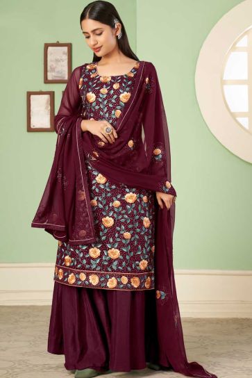 Georgette Fabric Embroidered Work Wonderful Palazzo Suit In Maroon Color