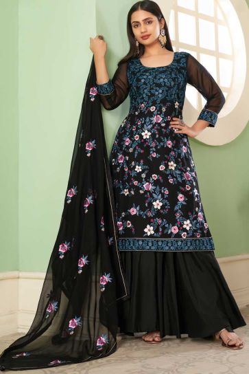 Glamorous Georgette Fabric Black Color Embroidered Work Palazzo Suit