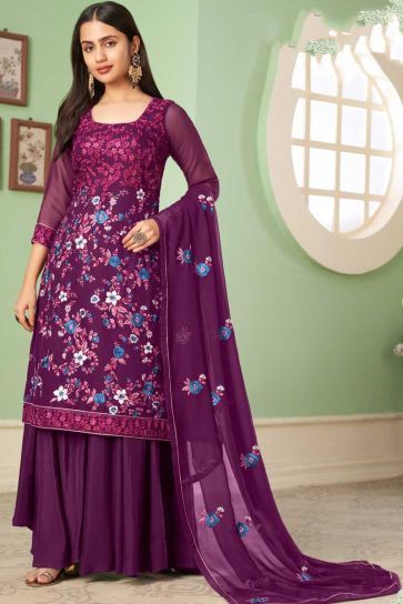 Purple Color Glorious Georgette Fabric Embroidered Work Palazzo Suit