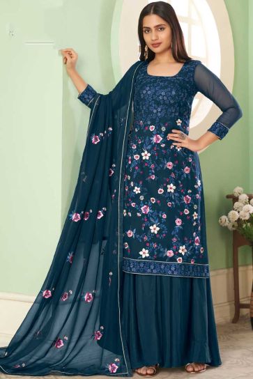Georgette Fabric Exquisite Embroidered Work Palazzo Suit In Teal Color